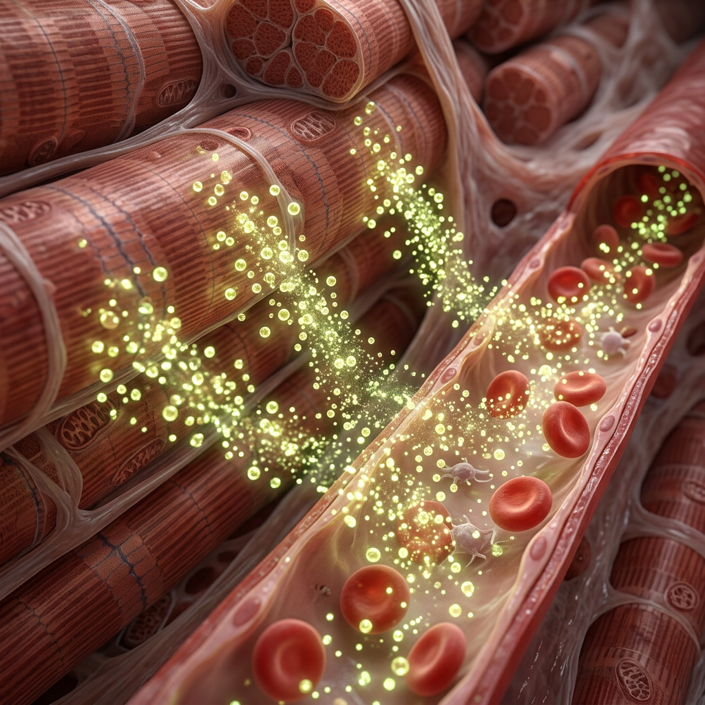 Molecular signals moving from muscle fibers toward a blood vessel containing red and white blood cells