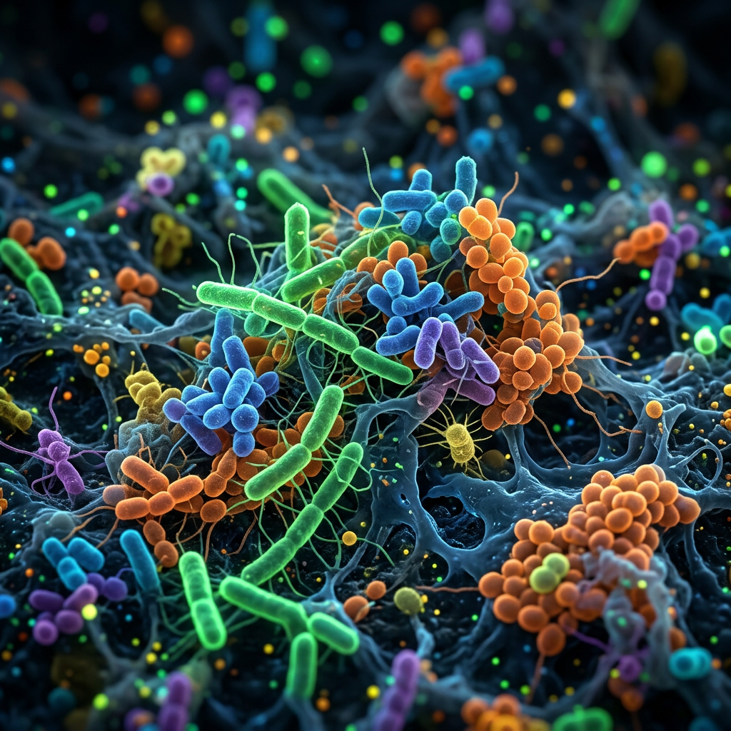 Various shaped and colored bacteria forming a dense biofilm network