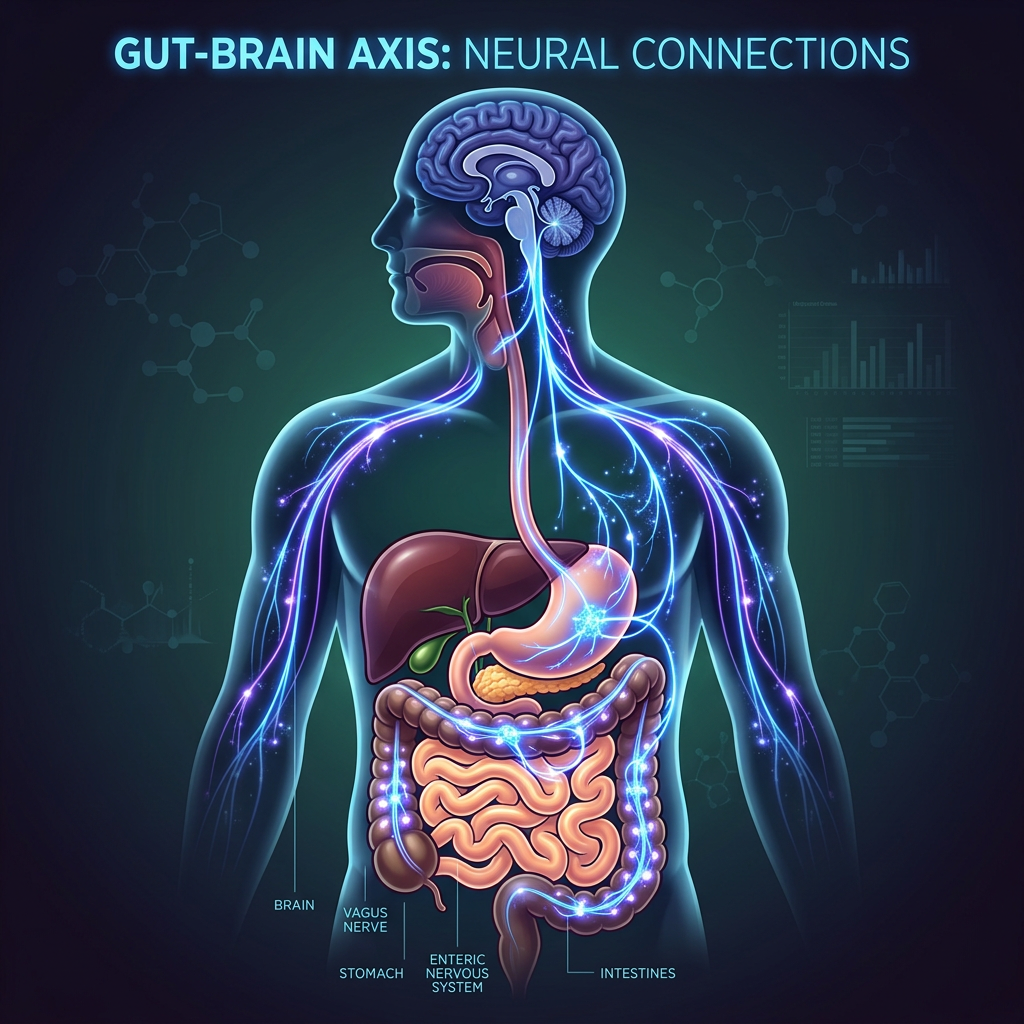Diagram of brain, stomach, intestines with neural pathways connecting them
