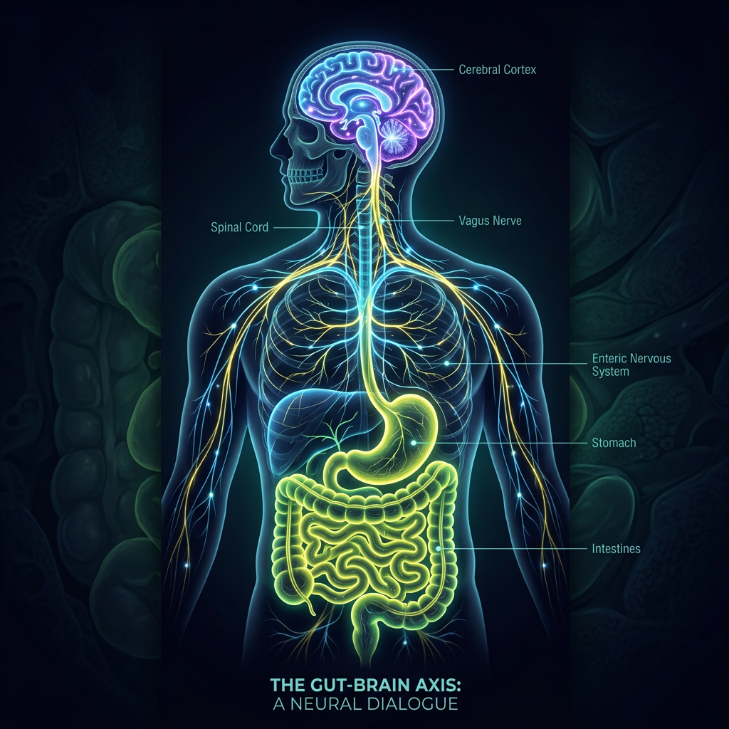 Diagram of the gut-brain axis highlighting the cerebral cortex, spinal cord, vagus nerve, enteric nervous system, stomach, and intestines