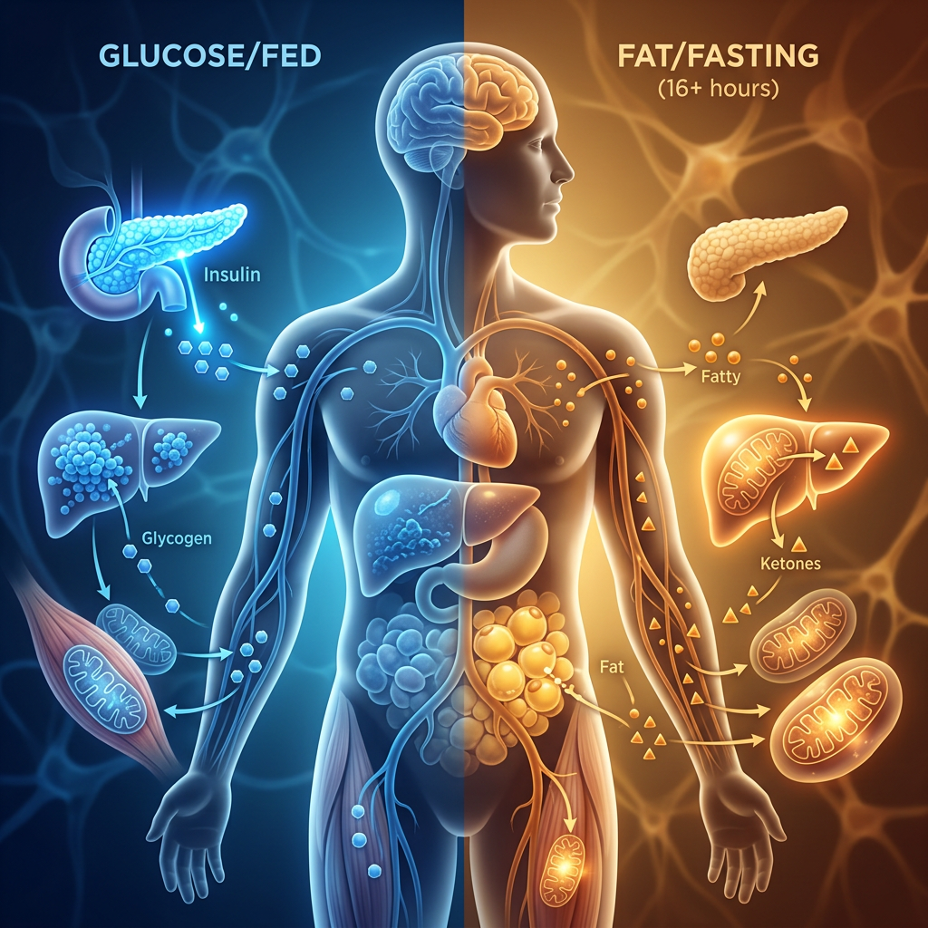 Diagram labeled GLUCOSE/FED and FAT/FASTING (16+ hours), showing insulin, glycogen, fatty, ketones, and fat pathways.