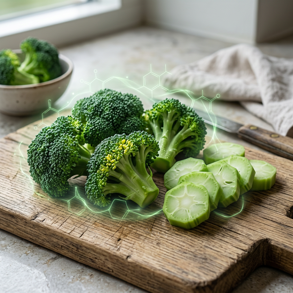 Broccoli florets and sliced stems on a wooden cutting board