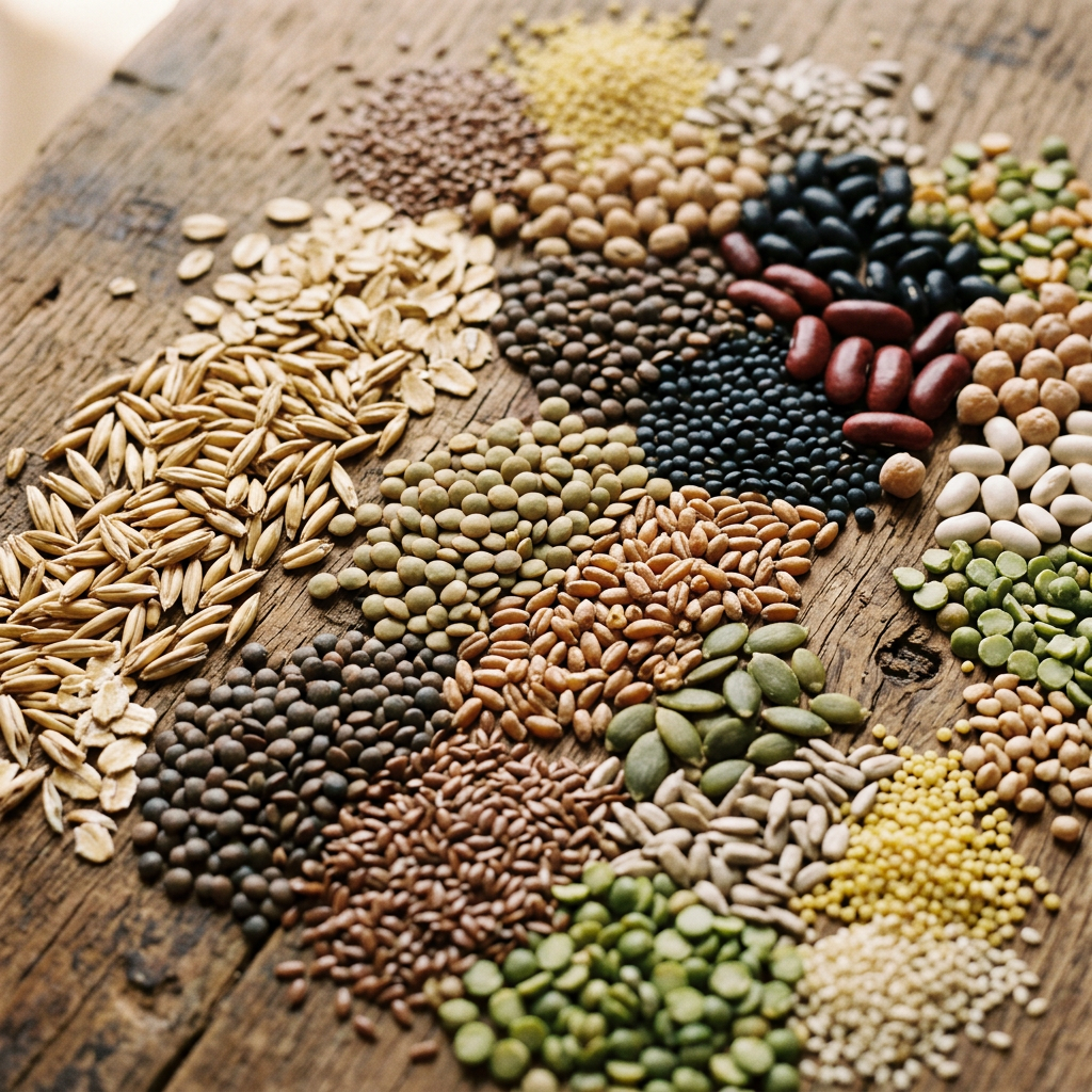 Assorted grains, beans, lentils, peas, and seeds on a wooden surface